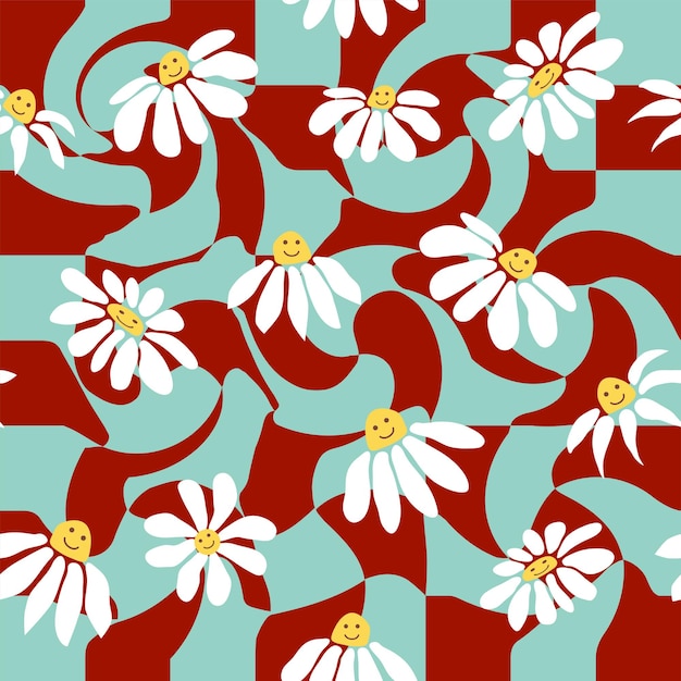 Groovy daisy retro seamless pattern Retro Smile Chamomile Pattern on 1970 Wavy Swirl Hippie Aesthetic