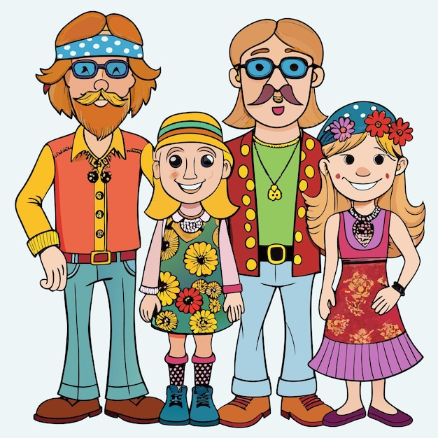 Vector groovy family hippie parents and kids 1970s cartoon style