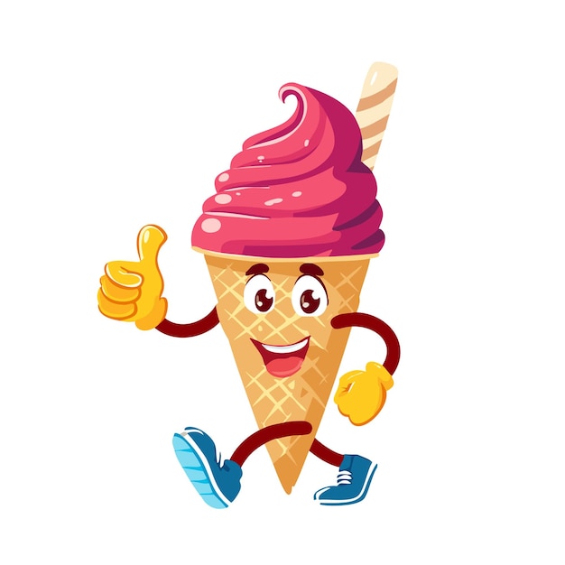 Vector groovy fast food ice cream character with a lively expression cheerfully walking and giving a thumb