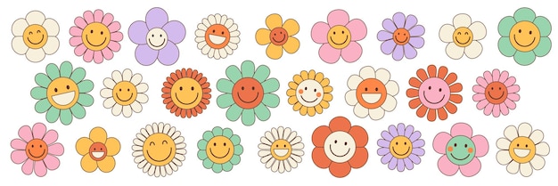 Groovy flower cartoon characters Funny happy daisy Sticker pack in trendy retro 70s style