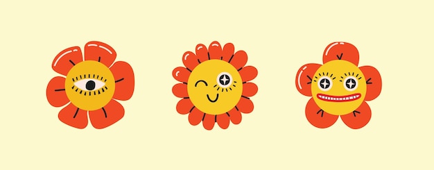 Groovy flower cartoon characters Funny happy daisy with eyes and smile Sticker pack in trendy retro trippy style Isolated vector illustration Hippie illustrations 60s 70s style