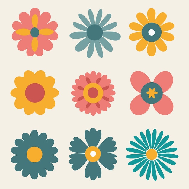 Vector groovy flower cartoon characters funny happy daisy with eyes and smile