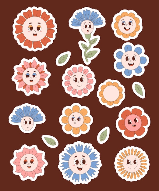 Groovy flower power stickers Funny retro hippie 70s flowers in trendy nostalgic cartoon style