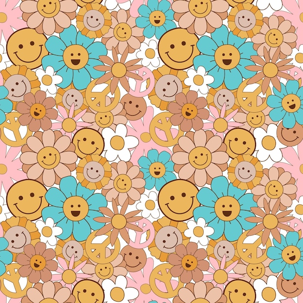 Groovy flowers pattern Retro seventies floral seamless pattern with smiling face flowers