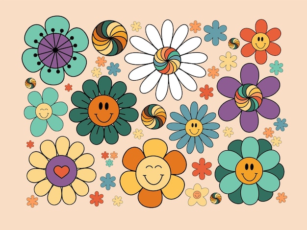 Vector groovy flowers retro flowers hippie floral clipart vector illustration