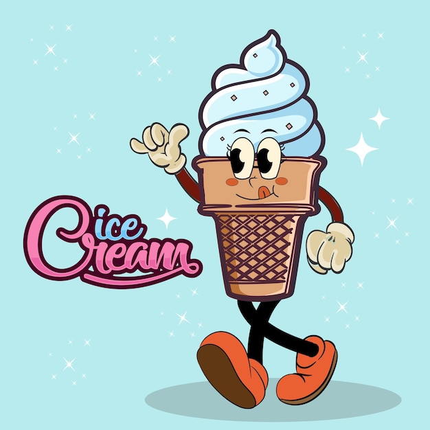 Groovy funny ice cream in retro cartoon style Branding mascot for cafe Vector cute illustrstion