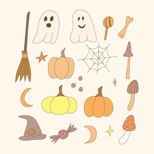 Groovy Halloween elements. Doodle illustration