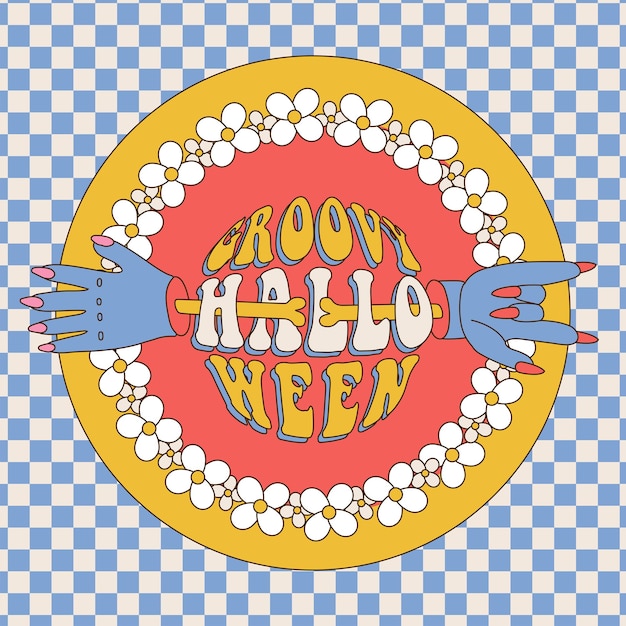 Groovy halloween s style greeting card or banner with round typography text with daisy hippie wreath