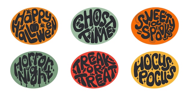 Vector groovy halloween set of hand drawn lettering in oval shape typographic flat isolated stickers