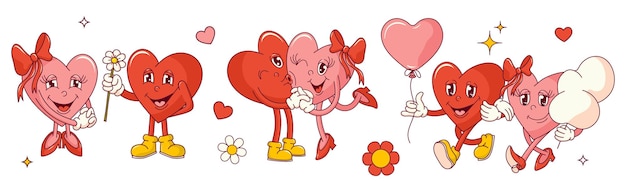 Vector groovy hearts couple character stickers set valentines day