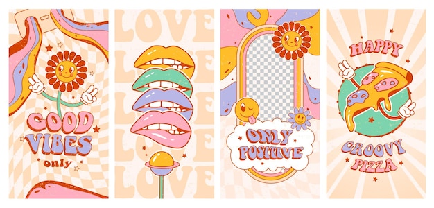 Groovy hippie 70s posters. Good vibes. Funny flowers, pizza, lips, in trendy retro psychedelic style