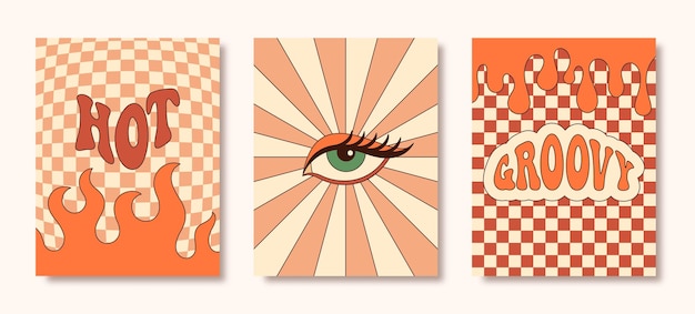 Groovy Hippie 70s Posters Set Vector Psychedelic Background Check Board and Fire, Rays and Eye, Melt