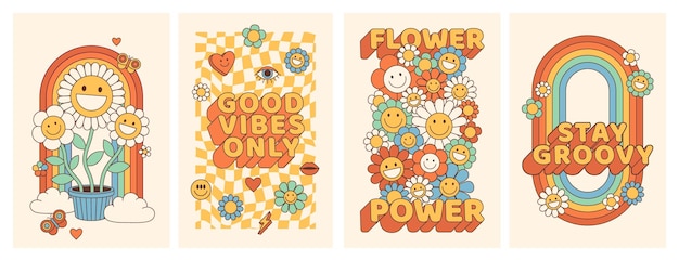 Groovy hippie 70s posters with flower rainbow love in trendy retro psychedelic cartoon style