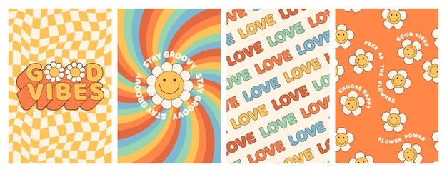 Groovy hippie 70s posters with flower rainbow love in trendy retro psychedelic cartoon style