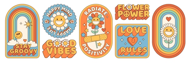 Groovy hippie 70s stickers Funny cartoon flower rainbow peace heart in retro psychedelic style