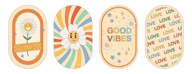 Groovy hippie 70s stickers. Funny cartoon flower, rainbow, peace, Love, heart, daisy, mushroom etc.