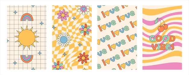 Groovy hippie 70s stickers. Funny cartoon flower, rainbow, peace, Love, heart, daisy, mushroom etc.