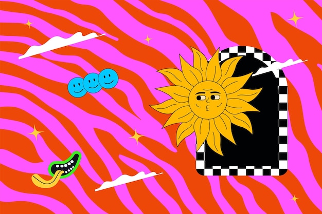 Groovy and hippie abstract illustration cheerful sun on the background of acid zebra Psychedelic trippy artwork with emoji and arch