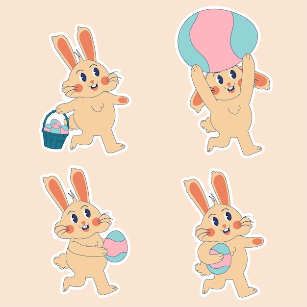 Groovy hippie Easter bunny set stickers Retro happy Easter day Easter bunny character in trendy retro 60s 70s cartoon style Retro characters