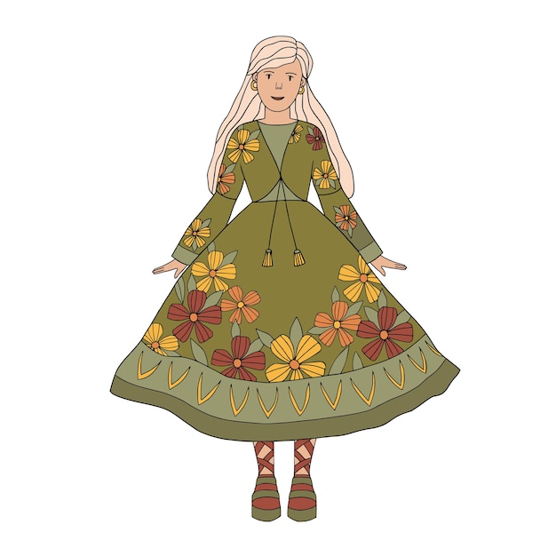 Groovy hippie girl in green dress with flowers The girl has white hair Autumn girl on white bckground