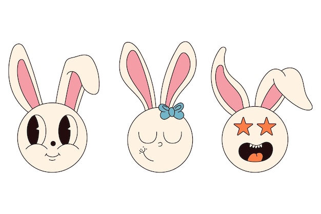 Vector groovy hippie happy easter characters set of easter bunnies in trendy retro 60s 70s cartoon style