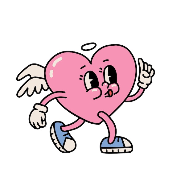 Groovy hippie love sticker character comic happy heart character with wings in trendy retro s s cart