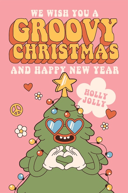 Groovy hippie merry Christmas and Happy New year Christmas tree in trendy retro cartoon style