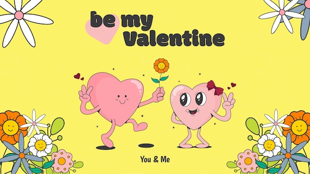 groovy hippie Valentine's day, with retro cartoon characters in trendy style