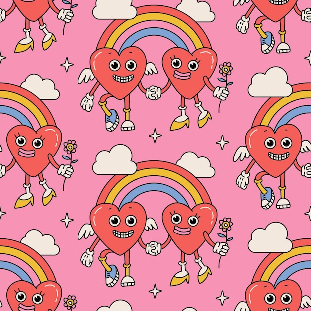 Groovy hippie valentines day seamless pattern with retro cartoon heart characters with rainbow and c