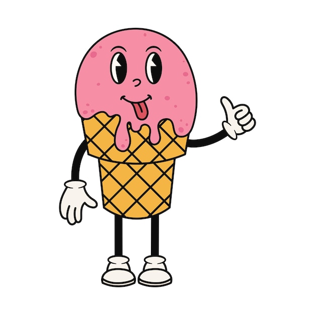 Groovy ice cream character in waffle cup Cute retro mascot Cartoon isolated vector illustration