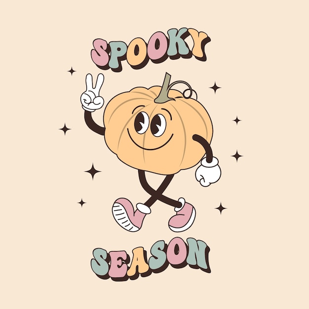 Groovy lettering card for halloween Spooky season calligraphy and cute funny pumpkin character