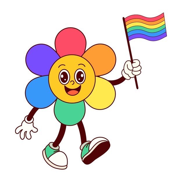 Vector groovy lgbtq cartoon flower with rainbow flag