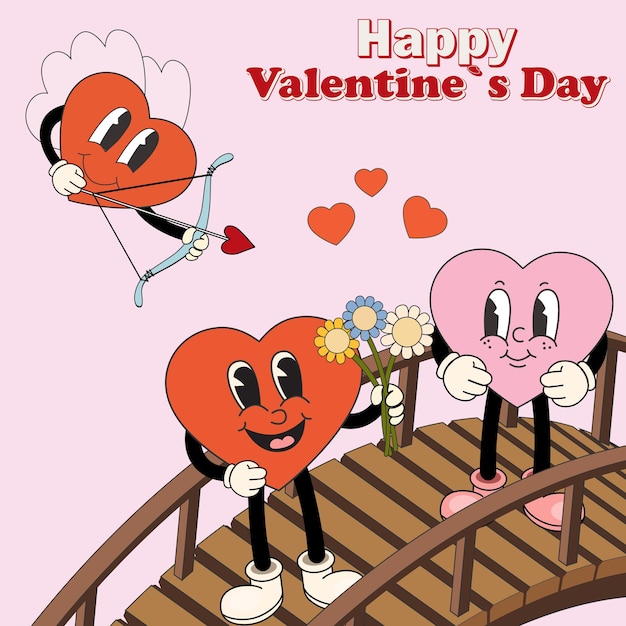 Vector groovy lovely posters with hearts character love concept happy valentines day greeting card