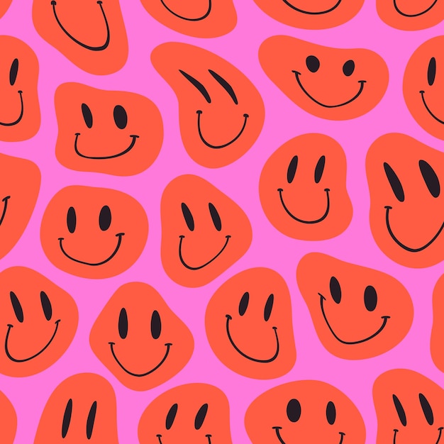 Groovy melting smiling faces seamless pattern psychedelic distorted emoji vector background in s hip