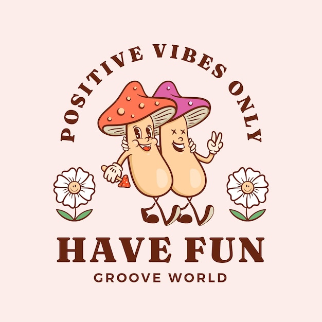 Groovy Mushrooms Retro Character Emblem Illustration Cartoon Friends Vector Logo Mascot Template