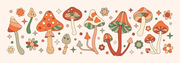 Groovy mushrooms set in retro hippie style  psychedelic abstract vector illustration