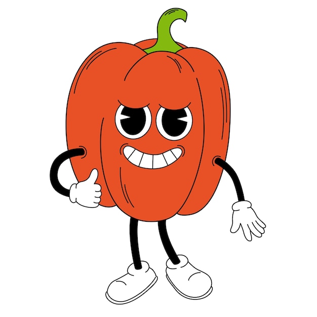 Groovy pepper vegetable Hand draw Funny Retro vintage trendy style vegetable cartoon character