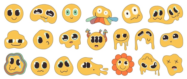 Groovy psychedelic emoji with distorted faces set funny retro crazy smiley collection