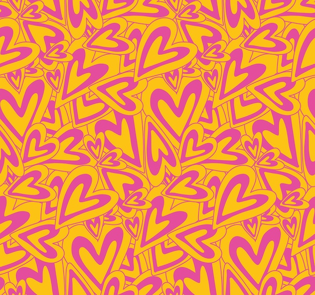 Groovy purple yellow hearts Y2K 90 seamless pattern vector background Retro hippie romantic texture