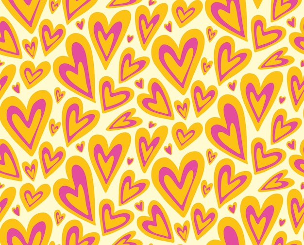 Groovy purple yellow hearts Y2K 90s seamless pattern vector background Retro hippie romantic repeat