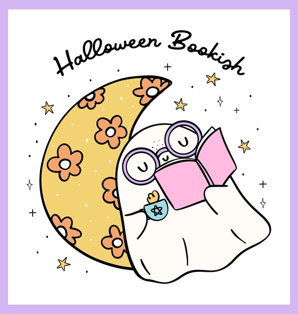 Vector groovy reading ghost on crescent cozy halloween bookish trendy retro book lover pastel cartoon