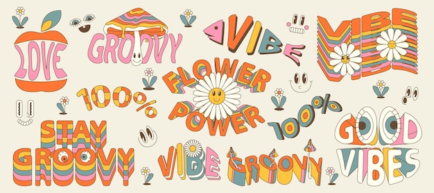 Vector groovy retro 70s style stickers with text daisy flower smile face eye hippie slogans good vibes