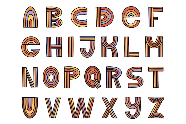 Groovy Retro Alphabet Clipart Decorative Letter Set Vector illustration