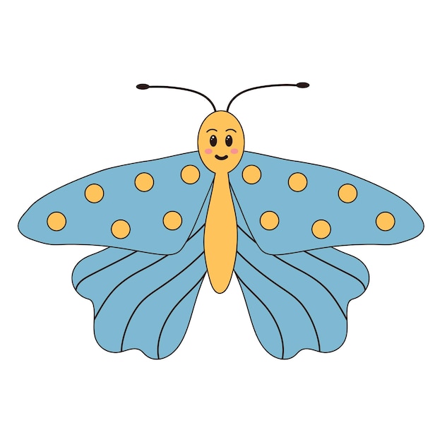 Groovy retro cartoon butterfly character Linear color vector illustration