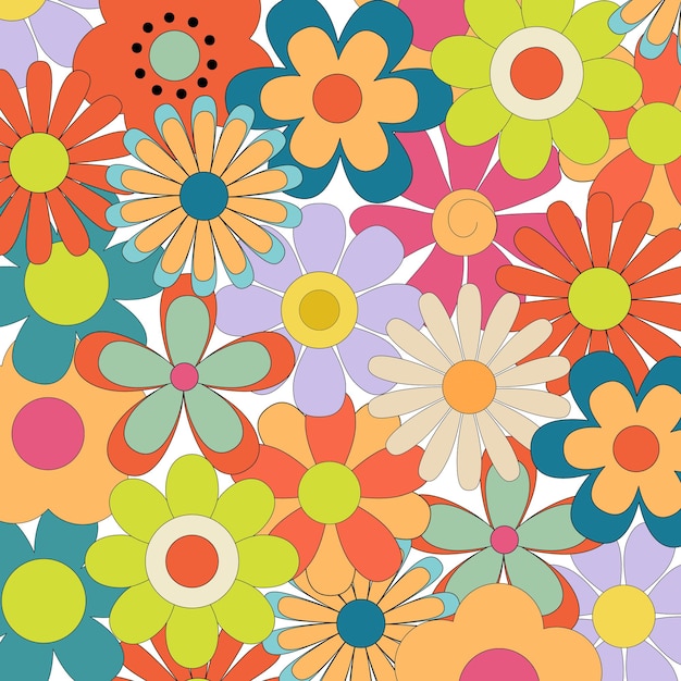 Groovy retro flowers daisy square poster Hippie psychedelic stickers in 1970 style