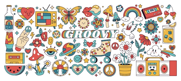 Groovy retro hippie stickers flowers rainbows and mushrooms flat vector symbols illustration set