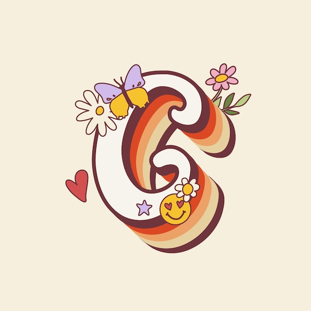 Groovy retro hippie stylized initial letter c with flowers seventies letter for nostatgic print or