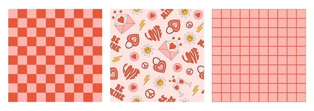 Groovy romantic set seamless patterns. Vector texture in trendy retro 60s, 70s cartoon style.