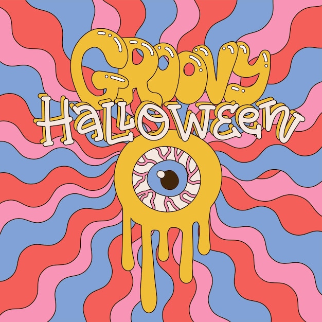 Groovy s retro style poster or card for spooky halloween party melting monster with single eye on wa