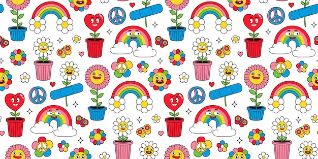 Groovy seamless pattern in trendy retro cartoon style Funny Earth rainbow heart flower daisy